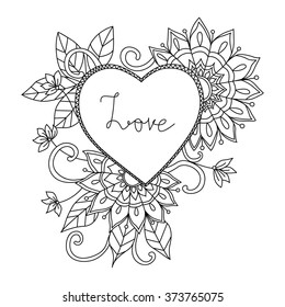 Handdrawn heart shape mandala style for coloring book