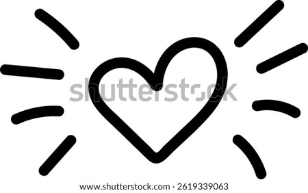 A hand-drawn heart is shown with thick lines and radiating beams.  The image depicts affection and excitement using a simple, bold graphic. Cartoon vector illustration