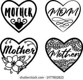 A hand-drawn heart and the text I love you, Mom. Coloring pages. Frame with flowers drawn by a child, postcard for Mother's Day, Birthday, March 8.Vector illustration
