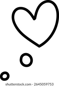 A hand-drawn heart with two circles below in a simple line style. The image depicts a heart symbol accompanied by two dots suggesting thought. Cartoon vector illustration.