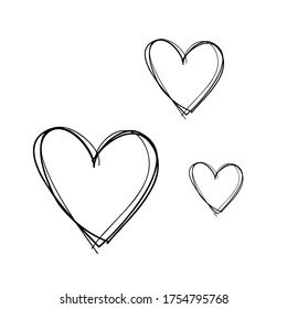 Hand-drawn hearts with arbitrary lines. Heart illustration. White background. Black outline. The line in the form of heart. Template for Valentine's Day banners, posters, greeting cards. Minimalism.