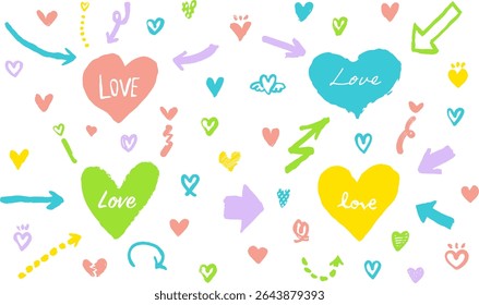 Hand-drawn hearts and arrows. Doodle style, grunge hearts. Symbols of Valentine's Day and love. Vector material.