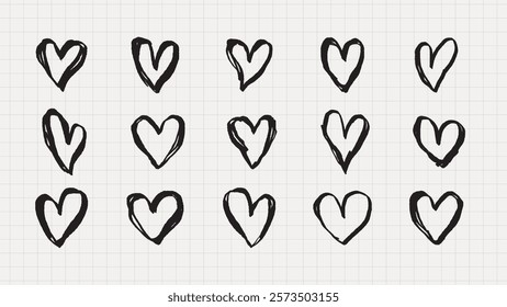 Hand-drawn hearts in black ink, sketched on grid paper. Simple, artistic hearts with varied strokes. Hearts in a row, in black, hearts on paper. Hand drawn Valentine's Day vector set.