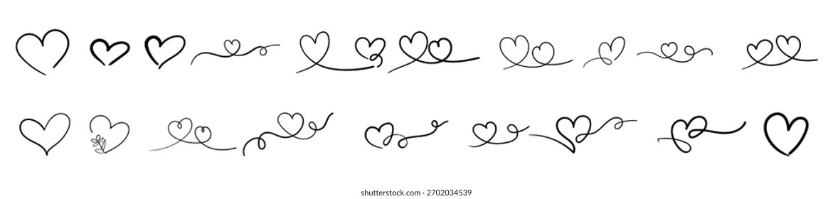 Hand-drawn hearts and continuous line scribbles vector illustration set, ideal for wedding invitations, greeting cards, and social media design