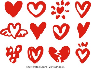 Hand-drawn hearts. Doodle style, grunge hearts. Symbols of Valentine's Day and love. Vector material.