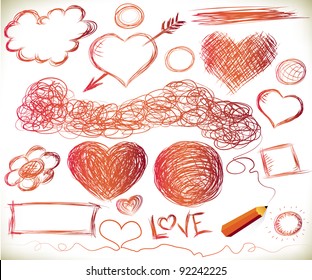Hand-drawn hearts, and other doodled elements with a pencil