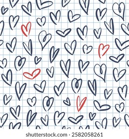 Hand-drawn hearts pattern. Vector seamless texture with heart doodles on cage notebook paper background. St. Valentine's Day background