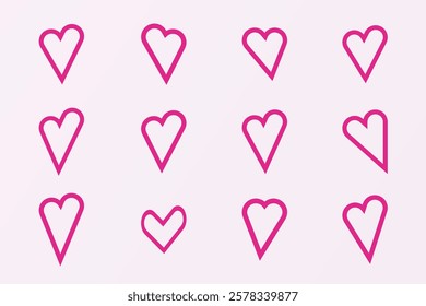 Hand-drawn hearts, romantic symbols of red and pink. Perfect for celebrating affection, passion, and romance, this collection is ideal for greeting cards, invitations, anniversary designs