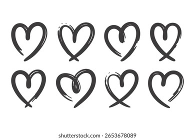 Corações desenhados à mão em seguida. Traçados de pincel preto em um plano de fundo branco. Amor, romance, Dia dos Namorados ou conceito de casamento.