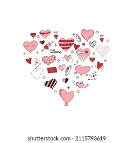 Hand-drawn hearts in the shape of a heart. Flat vector illustration for t-shirt prints, posters and other uses. Valentine's day