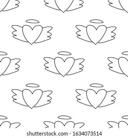 Hand-drawn hearts with wings seamless repeat pattern.Valentine's day pattern,