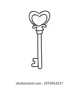 Hand-drawn heart-shaped key illustration in black and white. Minimalist romantic doodle, perfect for love-themed designs, wedding decor, and valentine’s day artwork