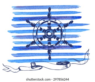 Hand-drawn helm and banner on the background of watercolor strips, vector Illustration
