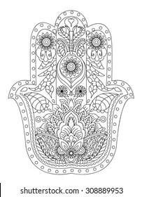 Hand-Drawn Henna Abstract Mandala Flowers and Paisley Doodle, Coloring Page