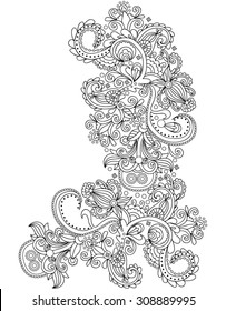 Hand-Drawn Henna  Abstract Mandala Flowers and Paisley Doodle, Coloring Page