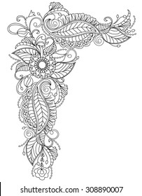 Hand-Drawn Henna Abstract Mandala Flowers and Paisley Doodle, Coloring Page