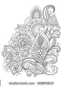 Hand-Drawn Henna  Abstract Mandala Flowers and Paisley Doodle, Coloring Page