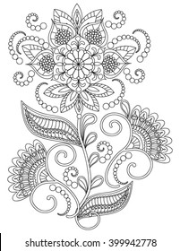 Hand-Drawn Henna Abstract Mandala Flowers and Paisley Doodle, Coloring Page