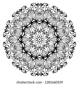 Hand-Drawn Henna Ethnic Mandala. Circle Lace Ornament. Vector Illustration. For Coloring Book, Greeting Card, Invitation, Tattoo. Anti-Stress Therapy Pattern. Black and white.