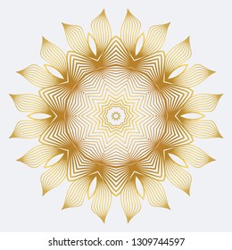 Hand-Drawn Henna Ethnic Mandala. Circle Lace Ornament. Vector Illustration. For Coloring Book, Greeting Card, Invitation, Tattoo. Anti-Stress Therapy Pattern. White yellow gold colour