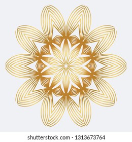 Hand-Drawn Henna Ethnic Mandala. Circle Lace Ornament. Vector Illustration. For Coloring Book, Greeting Card, Invitation, Tattoo. Anti-Stress Therapy Pattern. White yellow gold colour