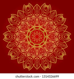 Hand-Drawn Henna Ethnic Mandala. Circle Lace Ornament. Vector Illustration. For Coloring Book, Greeting Card, Invitation, Tattoo. Anti-Stress Therapy Pattern. Red, gold color.