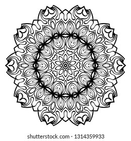 Hand-Drawn Henna Ethnic Mandala. Circle Lace Ornament. Vector Illustration. For Coloring Book, Greeting Card, Invitation, Tattoo. Anti-Stress Therapy Pattern. Black and white.