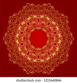 Hand-Drawn Henna Ethnic Mandala. Circle Lace Ornament. Vector Illustration. For Coloring Book, Greeting Card, Invitation, Tattoo. Anti-Stress Therapy Pattern. Red, gold color.