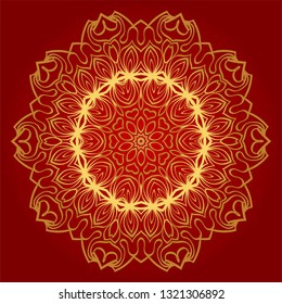 Hand-Drawn Henna Ethnic Mandala. Circle Lace Ornament. Vector Illustration. For Coloring Book, Greeting Card, Invitation, Tattoo. Anti-Stress Therapy Pattern. Red, gold color.