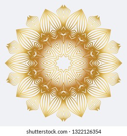 Hand-Drawn Henna Ethnic Mandala. Circle Lace Ornament. Vector Illustration. For Coloring Book, Greeting Card, Invitation, Tattoo. Anti-Stress Therapy Pattern. White yellow gold colour