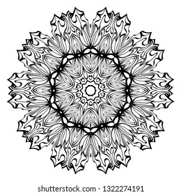 Hand-Drawn Henna Ethnic Mandala. Circle Lace Ornament. Vector Illustration. For Coloring Book, Greeting Card, Invitation, Tattoo. Anti-Stress Therapy Pattern. Black and white.