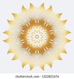 Hand-Drawn Henna Ethnic Mandala. Circle Lace Ornament. Vector Illustration. For Coloring Book, Greeting Card, Invitation, Tattoo. Anti-Stress Therapy Pattern. White yellow gold colour