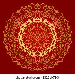 Hand-Drawn Henna Ethnic Mandala. Circle Lace Ornament. Vector Illustration. For Coloring Book, Greeting Card, Invitation, Tattoo. Anti-Stress Therapy Pattern. Red, gold color.