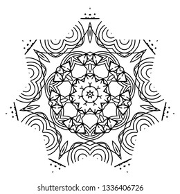 Hand-Drawn Henna Ethnic Mandala. Circle Lace Ornament. Oriental pattern coloring for adults. Decorative monochrome ethnic pattern. Anti-stress coloring book page for adults. - Vector illustration