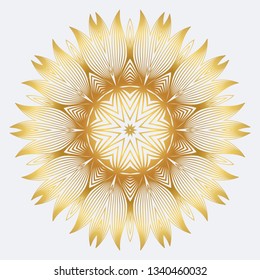 Hand-Drawn Henna Ethnic Mandala. Circle Lace Ornament. Vector Illustration. For Coloring Book, Greeting Card, Invitation, Tattoo. Anti-Stress Therapy Pattern. White yellow gold colour