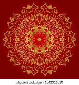 Hand-Drawn Henna Ethnic Mandala. Circle Lace Ornament. Vector Illustration. For Coloring Book, Greeting Card, Invitation, Tattoo. Anti-Stress Therapy Pattern. Red, gold color.