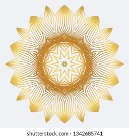 Hand-Drawn Henna Ethnic Mandala. Circle Lace Ornament. Vector Illustration. For Coloring Book, Greeting Card, Invitation, Tattoo. Anti-Stress Therapy Pattern. White yellow gold colour