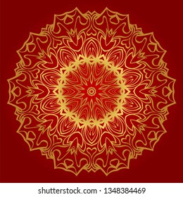 Hand-Drawn Henna Ethnic Mandala. Circle Lace Ornament. Vector Illustration. For Coloring Book, Greeting Card, Invitation, Tattoo. Anti-Stress Therapy Pattern. Red, gold color.