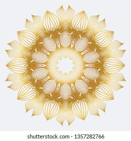 Hand-Drawn Henna Ethnic Mandala. Circle Lace Ornament. Vector Illustration. For Coloring Book, Greeting Card, Invitation, Tattoo. Anti-Stress Therapy Pattern. White yellow gold colour