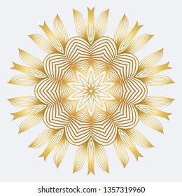 Hand-Drawn Henna Ethnic Mandala. Circle Lace Ornament. Vector Illustration. For Coloring Book, Greeting Card, Invitation, Tattoo. Anti-Stress Therapy Pattern. White yellow gold colour