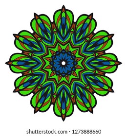 Hand-Drawn Henna Ethnic Mandala. Vector illustration. for coloring book, greeting card, invitation, tattoo. Anti-stress therapy pattern. Blue, green color.