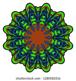 Hand-Drawn Henna Ethnic Mandala. Vector illustration. for coloring book, greeting card, invitation, tattoo. Anti-stress therapy pattern. Blue, green color.