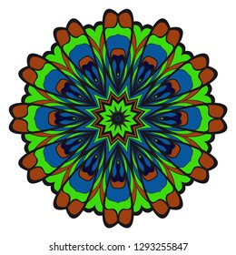 Hand-Drawn Henna Ethnic Mandala. Vector illustration. for coloring book, greeting card, invitation, tattoo. Anti-stress therapy pattern. Blue, green color.
