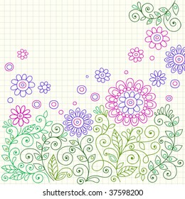 Hand-Drawn Henna Flower Doodles on Graph (Grid) Paper Background- Vector Illustration