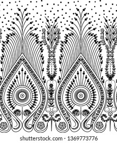 Hand-Drawn Henna Mehdi Tattoo Flower and Paisley Border Doodle. Decorative hand drawn seamless vector pattern.  Ethnic style black and white minimalistic background.  - Vector graphics