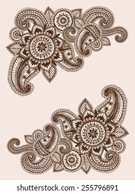 Hand-Drawn Henna Mehndi Abstract Mandala Flowers and Paisley Doodle Vector Illustration Design Elements