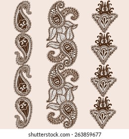 Hand-Drawn Henna Mehndi Abstract Mandala Flowers and Paisley Doodle Vector Illustration Design Elements