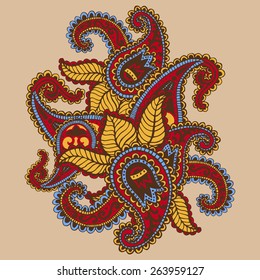 Hand-Drawn Henna Mehndi Abstract Mandala Flowers and Paisley Doodle Vector Illustration Design Elements