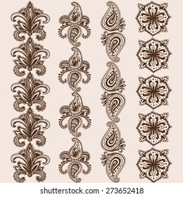 Hand-Drawn Henna Mehndi Abstract Mandala Flowers and Paisley Doodle Vector Illustration Design Elements