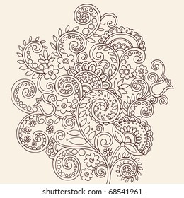 Hand-Drawn Henna Mehndi Paisley Doodle Flowers and Vines Vector Illustration Design Element